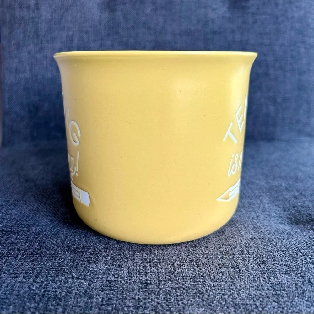 “Teaching is my Thing” Colorful Pencil Lined Coffee Mug, Yellow, White, 20 oz